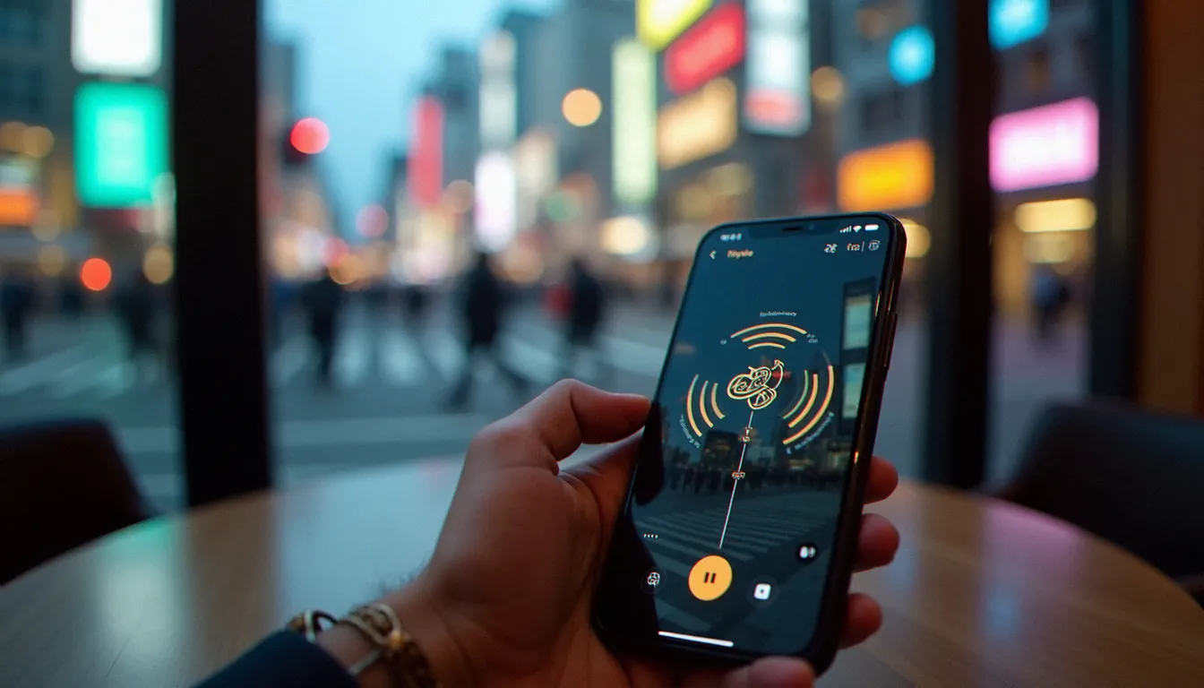 Smartphone affichant une connexion 4G LTE au réseau mobile japonais, avec le carrefour de Shibuya flou en arrière-plan depuis une fenêtre de café à Tokyo