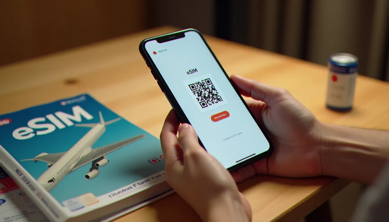 Mains tenant un smartphone lors de l'activation d'une eSIM pour le Japon par scan de QR code, avec passeport et carte d'embarquement posés sur une table en bois