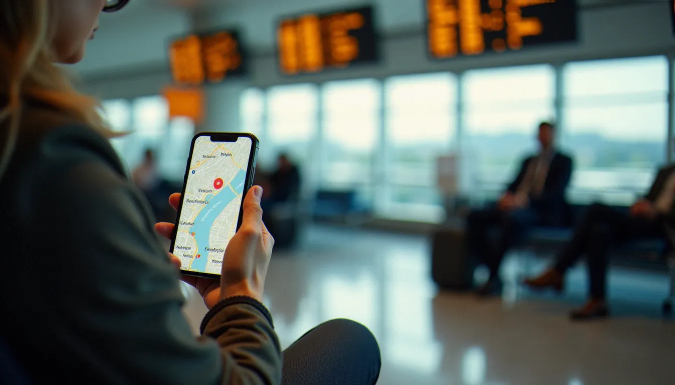 Voyageur consultant une eSIM voyage Japon activée sur son smartphone à l'aéroport de Narita, avec carte de navigation Tokyo visible à l'écran