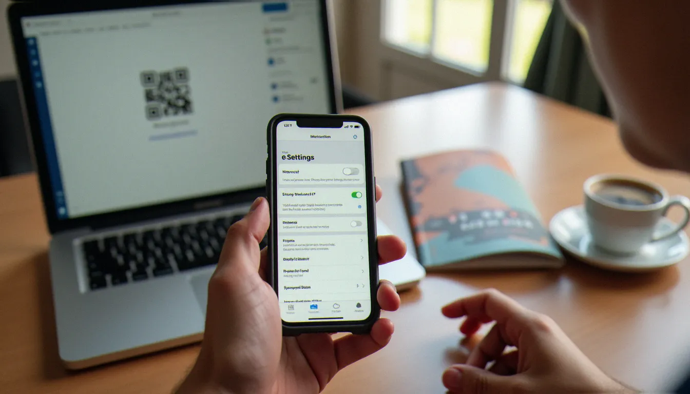 Activation d'une eSIM sur iPhone avec QR code affiché sur ordinateur, préparation avant un voyage au Maroc