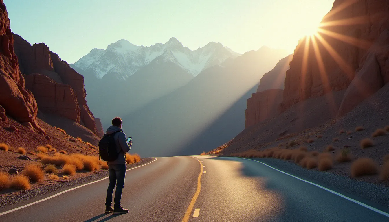 Voyageur vérifiant la couverture réseau mobile dans les montagnes de l'Atlas au Maroc avec son smartphone