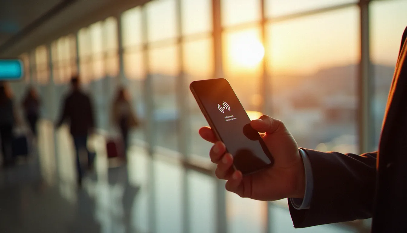 Voyageur consultant son smartphone à l'aéroport de Marrakech pour activer son meilleur eSIM voyage Maroc dès l'arrivée