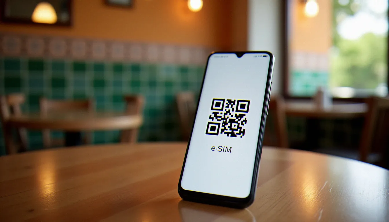 Activation d'une eSIM via scan de QR code dans un café tunisien, étapes d'installation sur smartphone