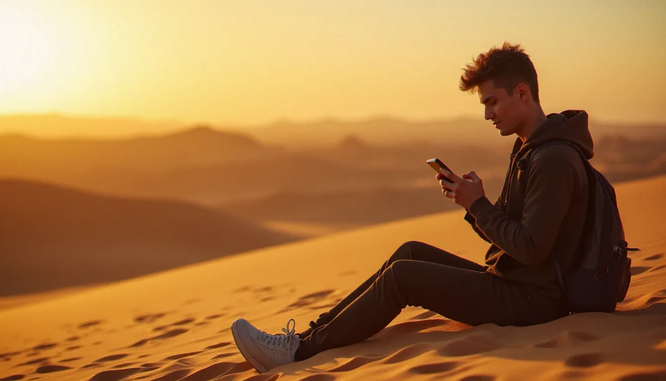 Voyageur vérifiant la couverture réseau eSIM dans le désert tunisien près de Tozeur, signal mobile en zone rurale
