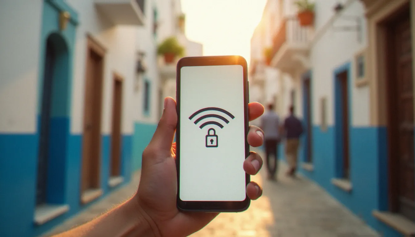 Voyageur consultant son smartphone avec une eSIM active lors d'un voyage en Tunisie, meilleure eSIM voyage Tunisie testée sur place