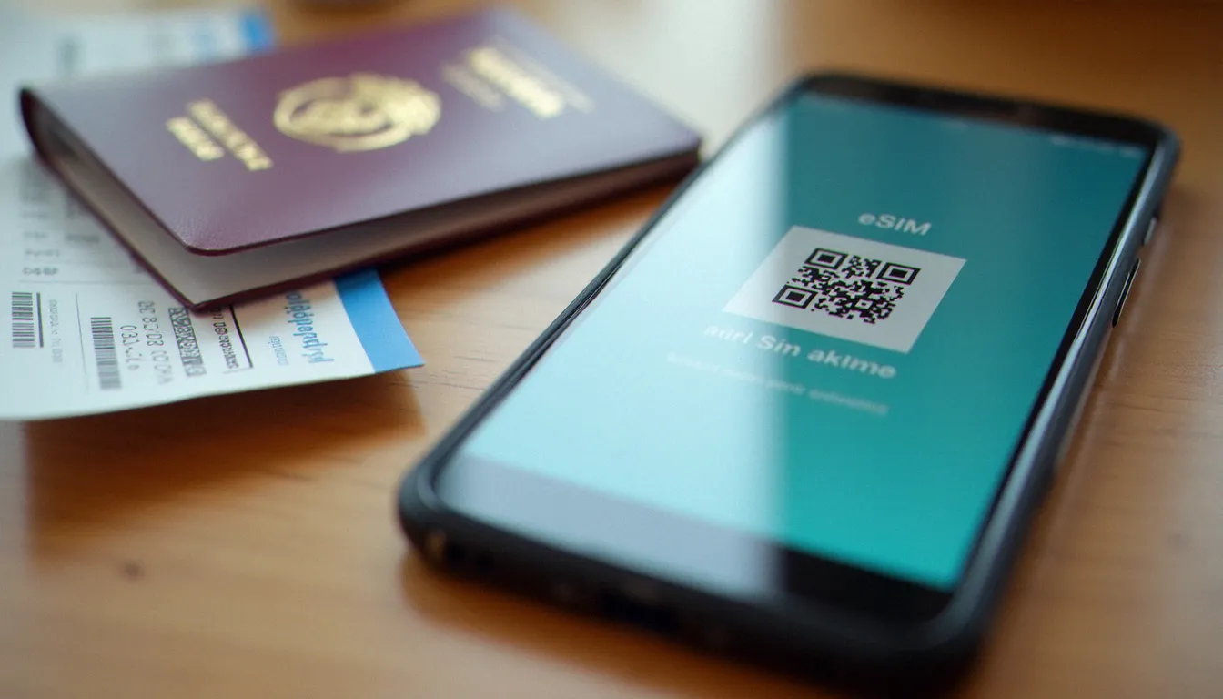 Activation d'une eSIM voyage Turquie par scan de QR code sur smartphone, avec passeport et carte d'embarquement posés à côté