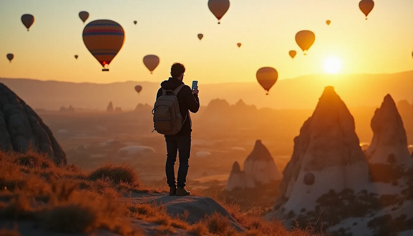 Paysage de Cappadoce au lever du soleil avec montgolfières et randonneur vérifiant la couverture réseau de son eSIM en Turquie