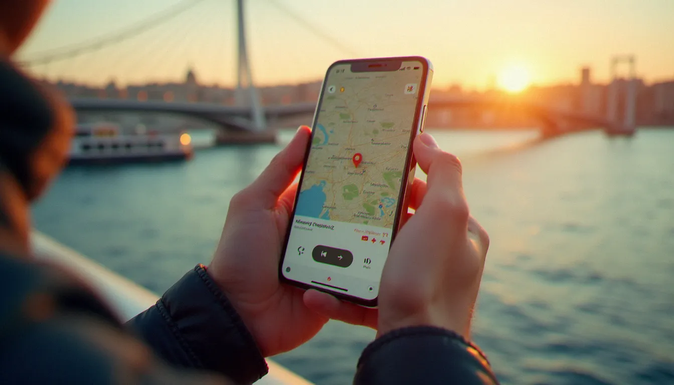 Voyageur consultant son smartphone avec une eSIM active pour son voyage en Turquie, depuis le pont de Galata à Istanbul au coucher du soleil