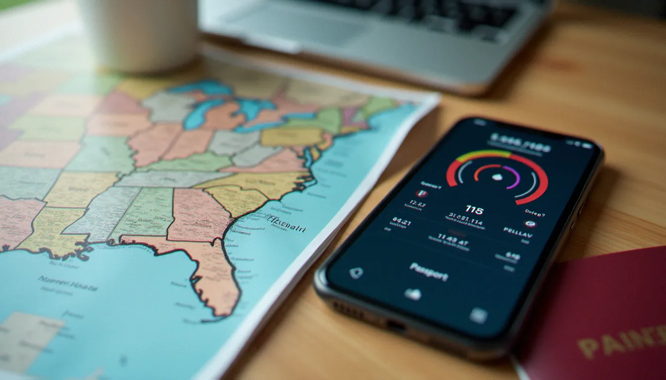 Écran de smartphone affichant la couverture réseau T-Mobile aux États-Unis avec une carte de voyage et un passeport posés à côté