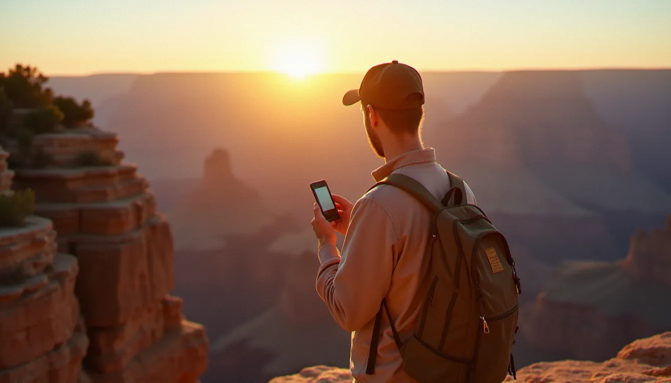 Voyageur consultant son smartphone pour vérifier la couverture eSIM au bord du Grand Canyon lors d'un road-trip aux États-Unis