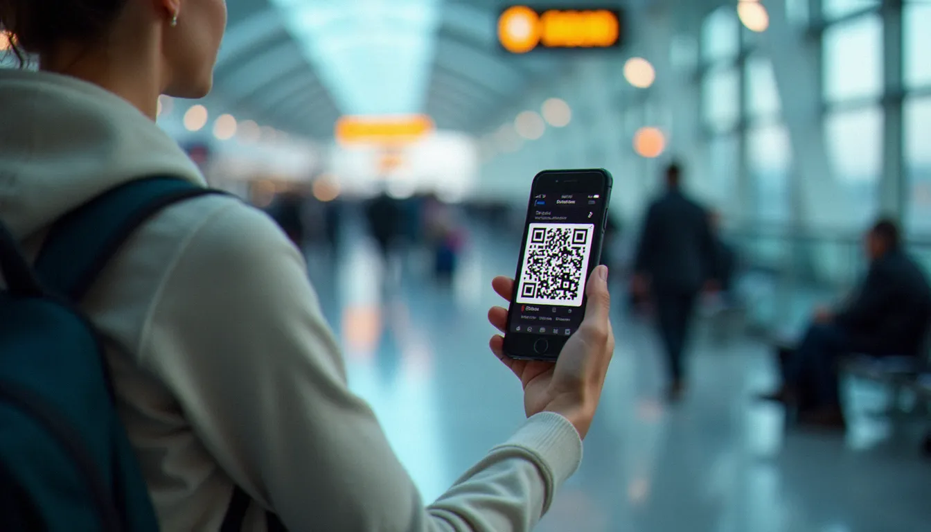 Voyageur à l'aéroport JFK de New York activant une eSIM voyage USA sur son smartphone avant de partir, meilleur esim voyage usa